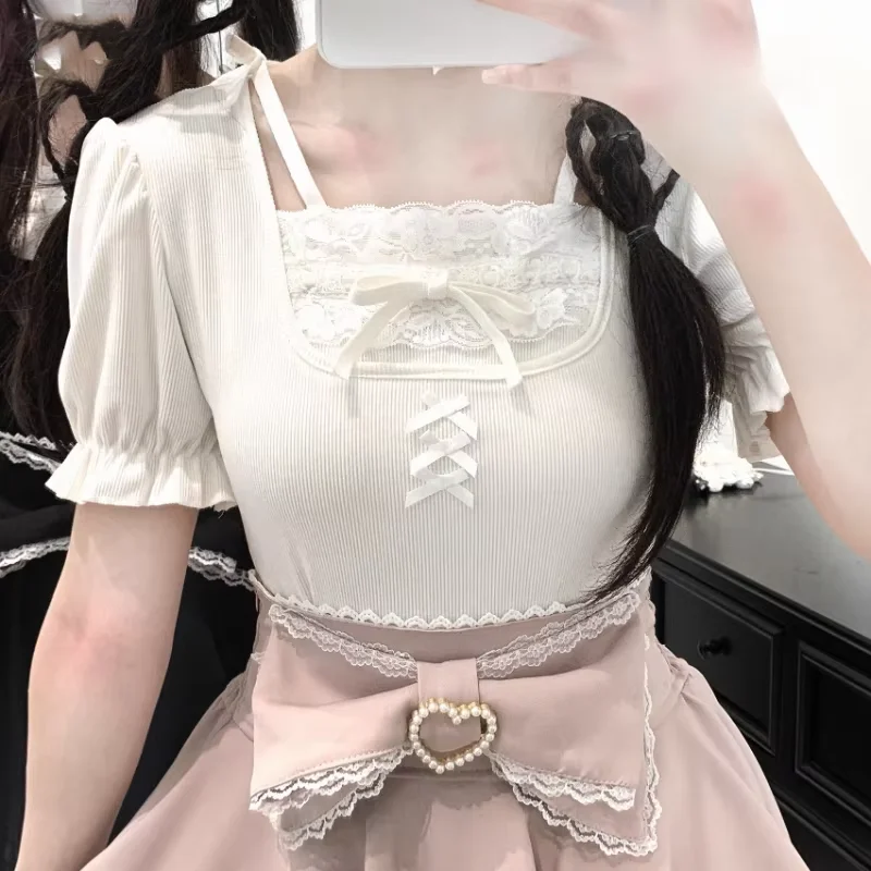 

Японская футболка в стиле кавайной Лолиты, женская милая милая кружевная футболка с оборками, пышные тонкие топы с короткими рукавами, женская готическая футболка Y2k, рубашка в стиле ретро