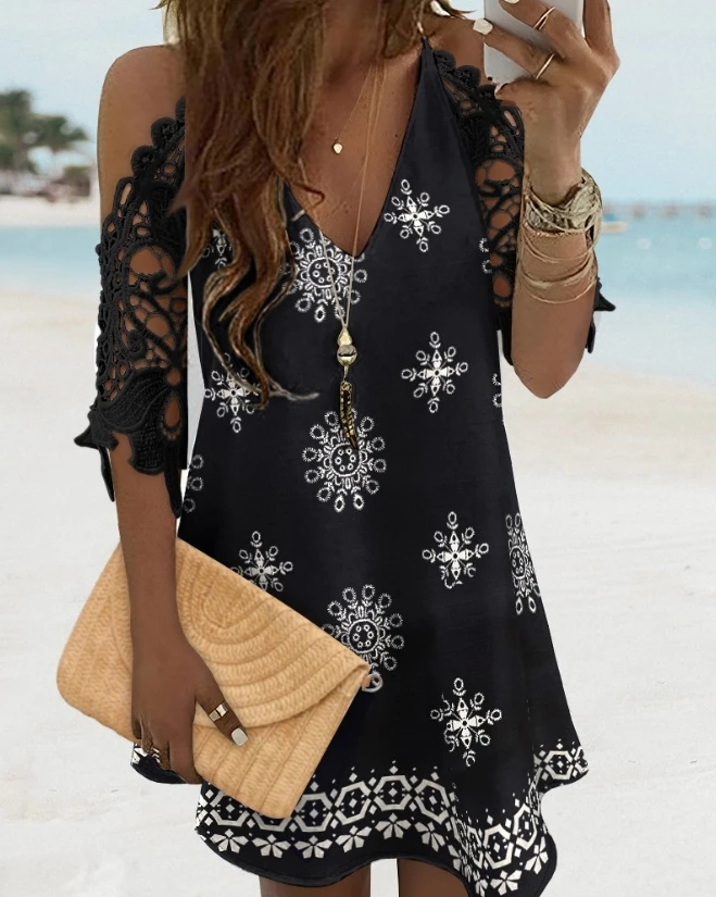 Dresses Woman Summer 2025 Trend Floral Print Lace Short Sleeve V Neck Dress Casual A Line Boho Mini Dress