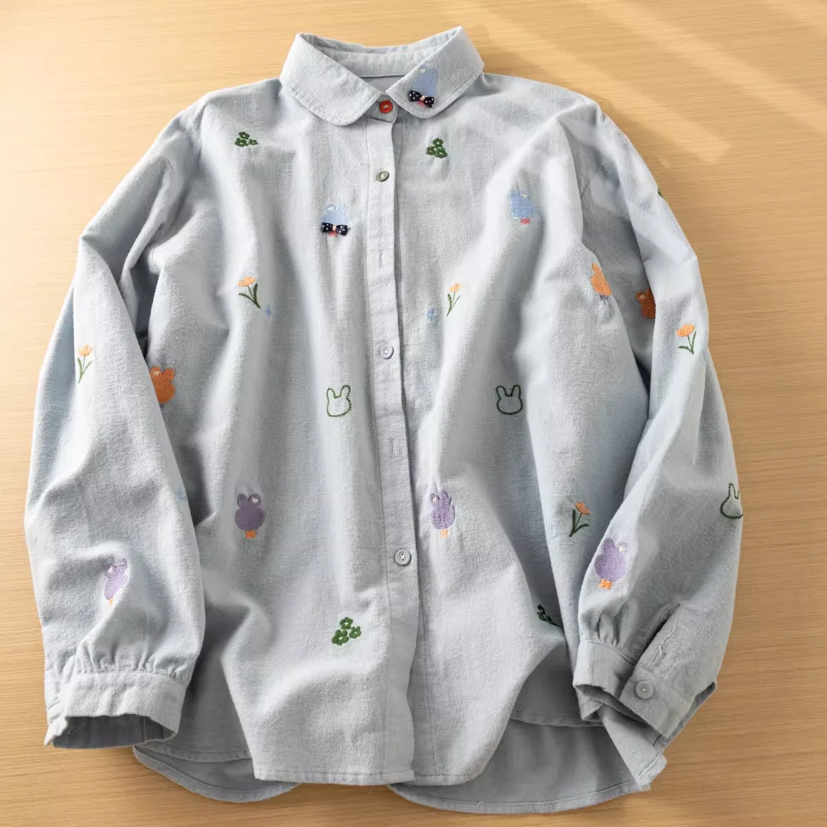 Brushed cotton cartoon embroidery blue apricot shirts long sleeve blouses designer clothes women thicken warm backing shirts