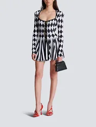 Skirt y2k spring/summer black and white diamond check knit long sleeve short dresses2024stretchy slimming slimming Party dresses