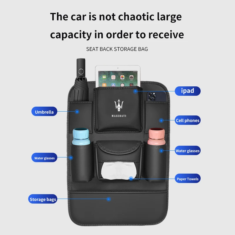 For Maserati Quattroporte Ghibli Levante MC20 Car 4 Colors Organizer Back Storage Bag Anti-kick Pad Auto interior Accessories