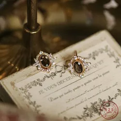 925 Sterling Silver Plated 14K Gold Vintage Delicate Inlay Coffee Colored Zirconia Earrings for Women High Quality Party Jewelry