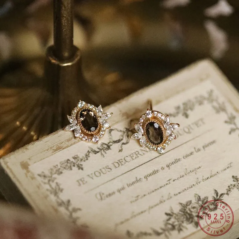925 Sterling Silver Plated 14K Gold Vintage Delicate Inlay Coffee Colored Zirconia Kolczyki dla kobiet Wysokiej jakości biżuteria imprezowa