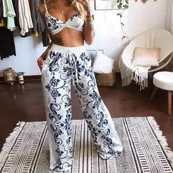 2pcs Beach Outfits Women Pants Suit Sexy Sleeveless Crop Tops Wide Leg Pants Two Piece Set Women Outfits ensemble femme 2 pièces