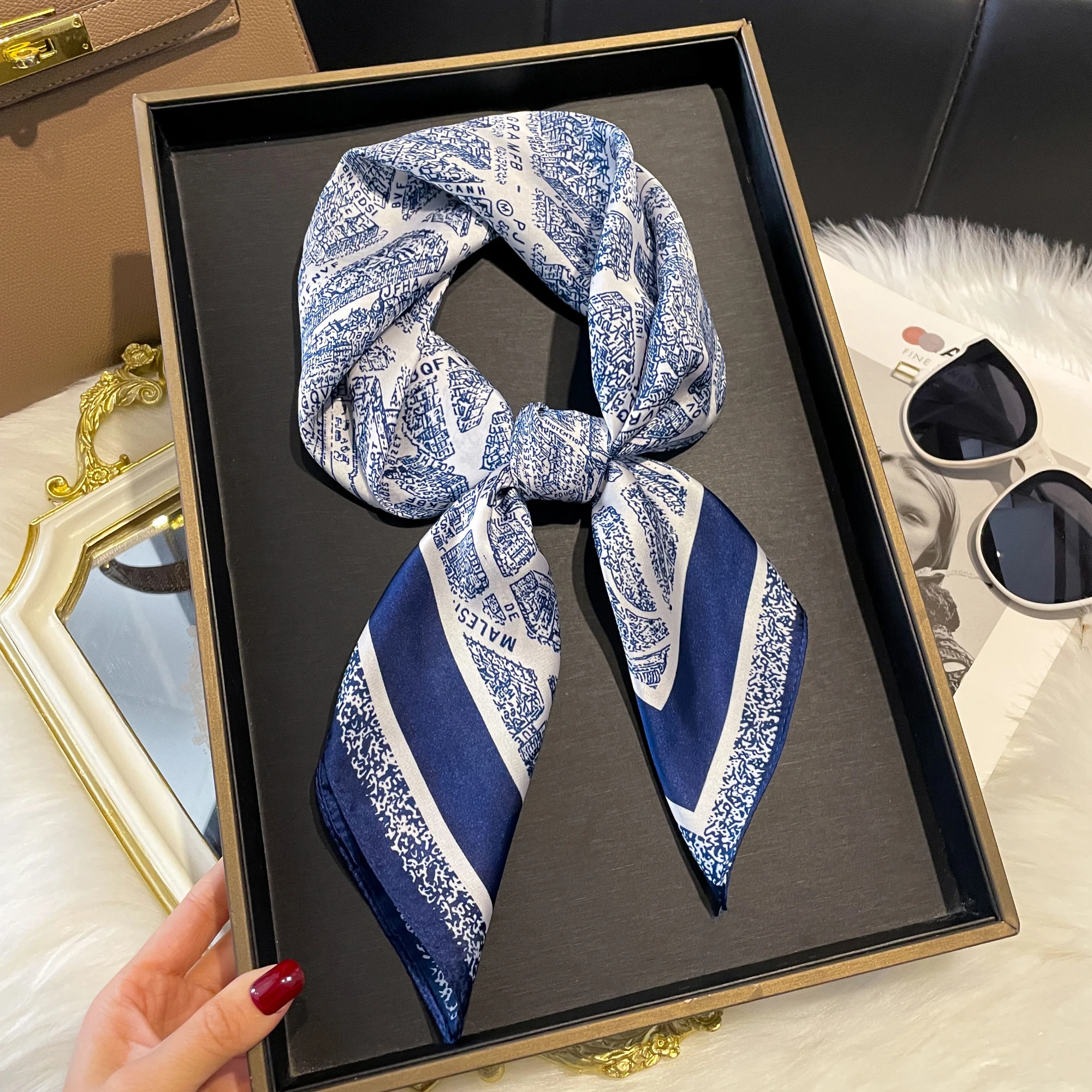 Luxury Fashion Print 70*70cm Silk Square Scarf Women Soft Satin Hairband Neckerchief Tie Female Headband Foulard Bag Ribbon