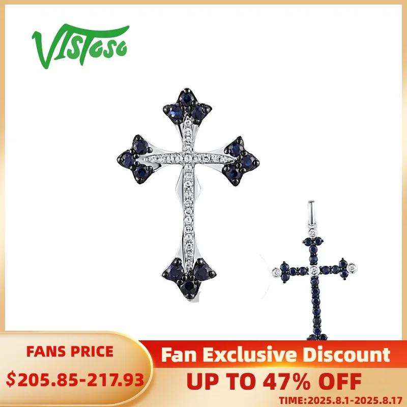 

VISTOSO Real 14K 585 White Gold Pendants For Women Sparkling Diamond Blue Sapphire Glamorous Cross Party Gift Fine Jewelry