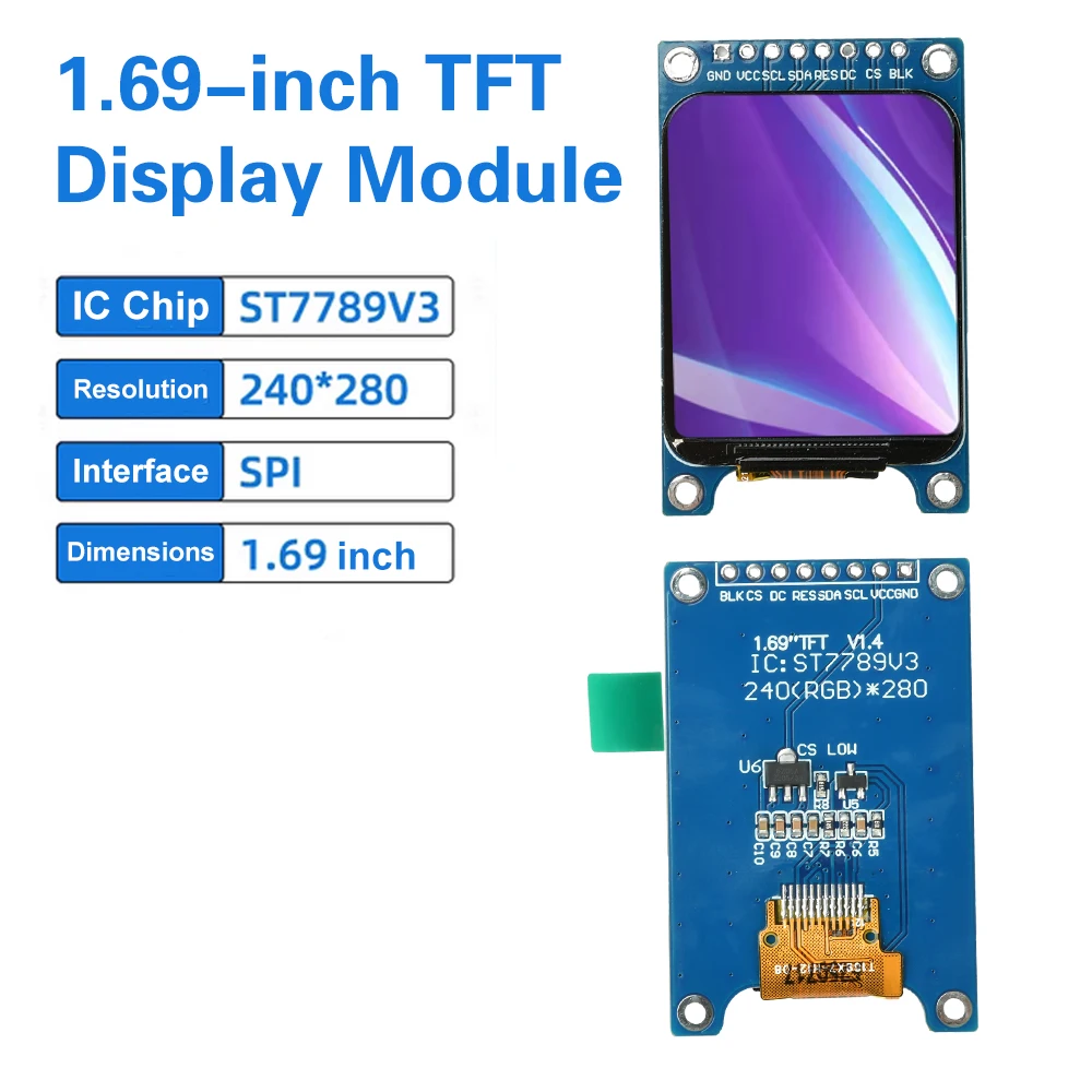 1.69-inch TFT LCD display, rounded-corner LCD, 8-pin blue-board SPI colour display module, ST7789 driver IC, 240×280 resolution