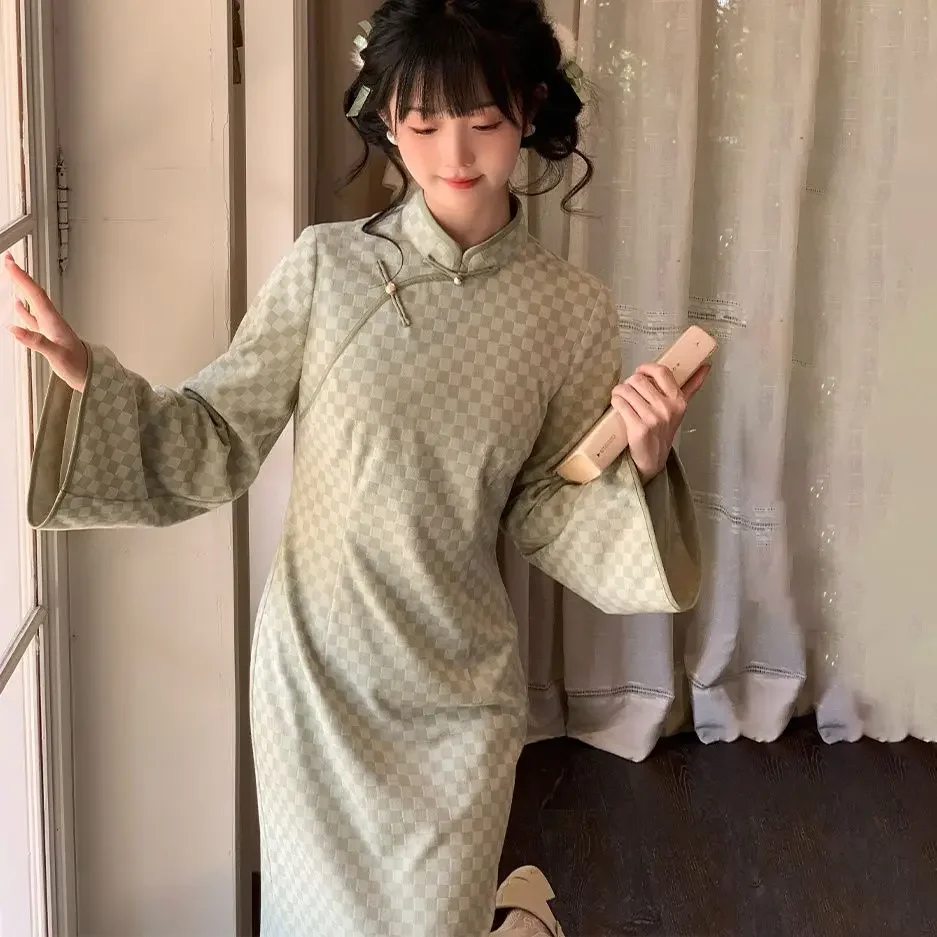 Chinese Cat Embroidery Vest Traditional Chinese Style Daily Vest Wear Stand-up Collar Long Sleeve Dress Autumn And Winter Set