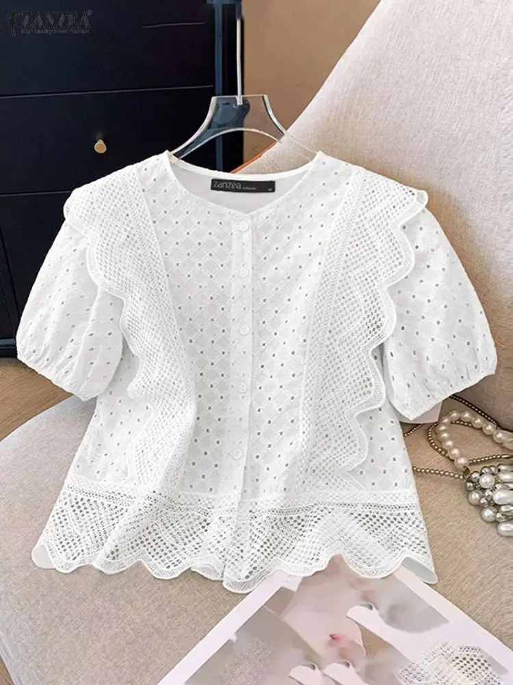 ZANZEA femmes chemisier brodé 2025 été chemise creuse élégant col rond manches courtes hauts élégant vacances Blusas tunique Femme