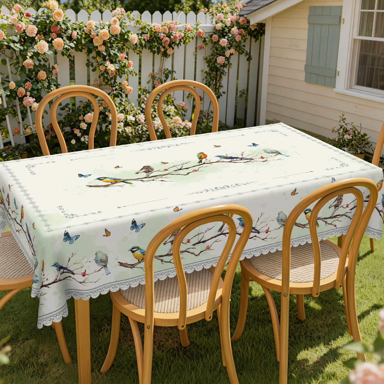 Retro-Tischdecke mit Blumen- und Vogeltem-Motiv im chinesischen Stil, Frühlingsatmosphäre, verschiedene niedliche Vögel, Steht auf Zweigen, Blumen, tanzende Schmetterlinge, Druckmuster, mehrere Größenoptionen, geprägte Kanten, wasserfest, knitterungsbeständig, perfektes Geschenk für Familie und Freunde, Sommer, Winter, rechteckige Geschenk für Freunde zu Hause