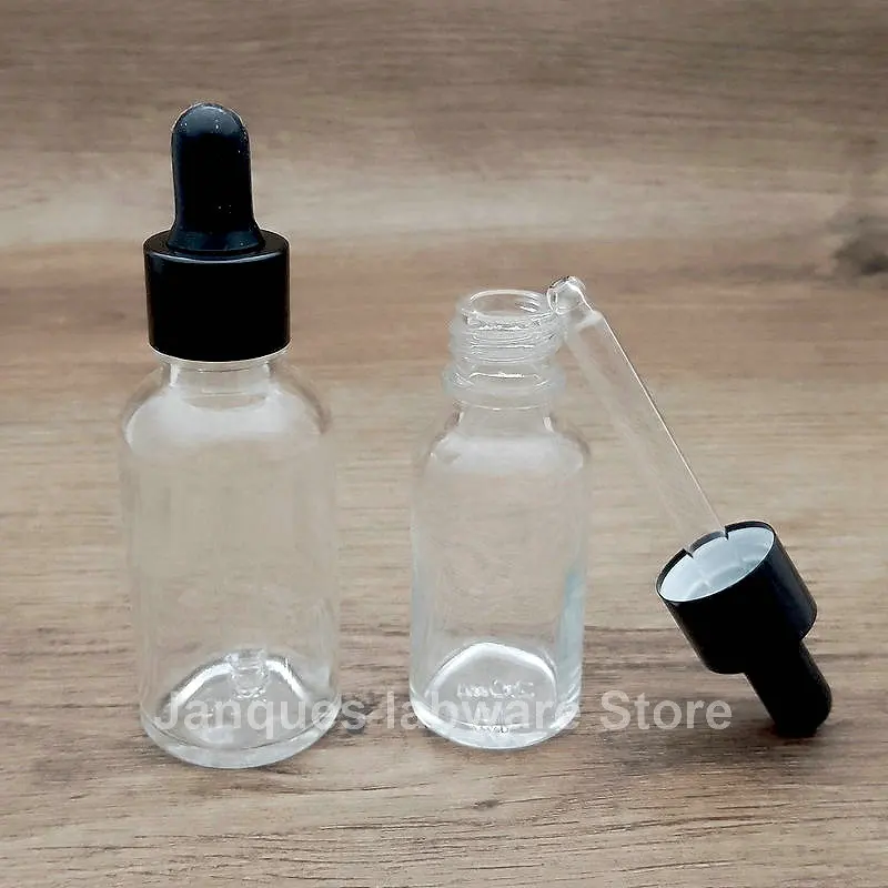 Botella cuentagotas de vidrio transparente con tapa de rosca negra, botellas de aceite esencial con pipeta de vidrio, laboratorio, 5ml a 100ml, 10