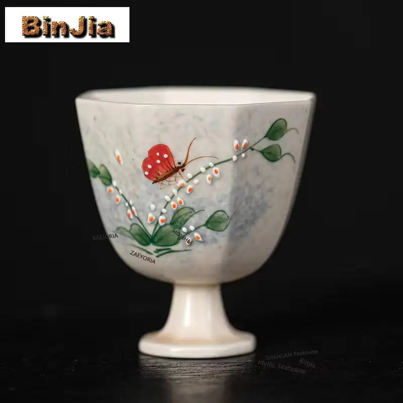 90ml Hand Drawn Orchid High Foot Eight Square Teacup Ancient Tea Bowl Mug Tea-tasting Personal Cup Chazhan Master Cups Cafes