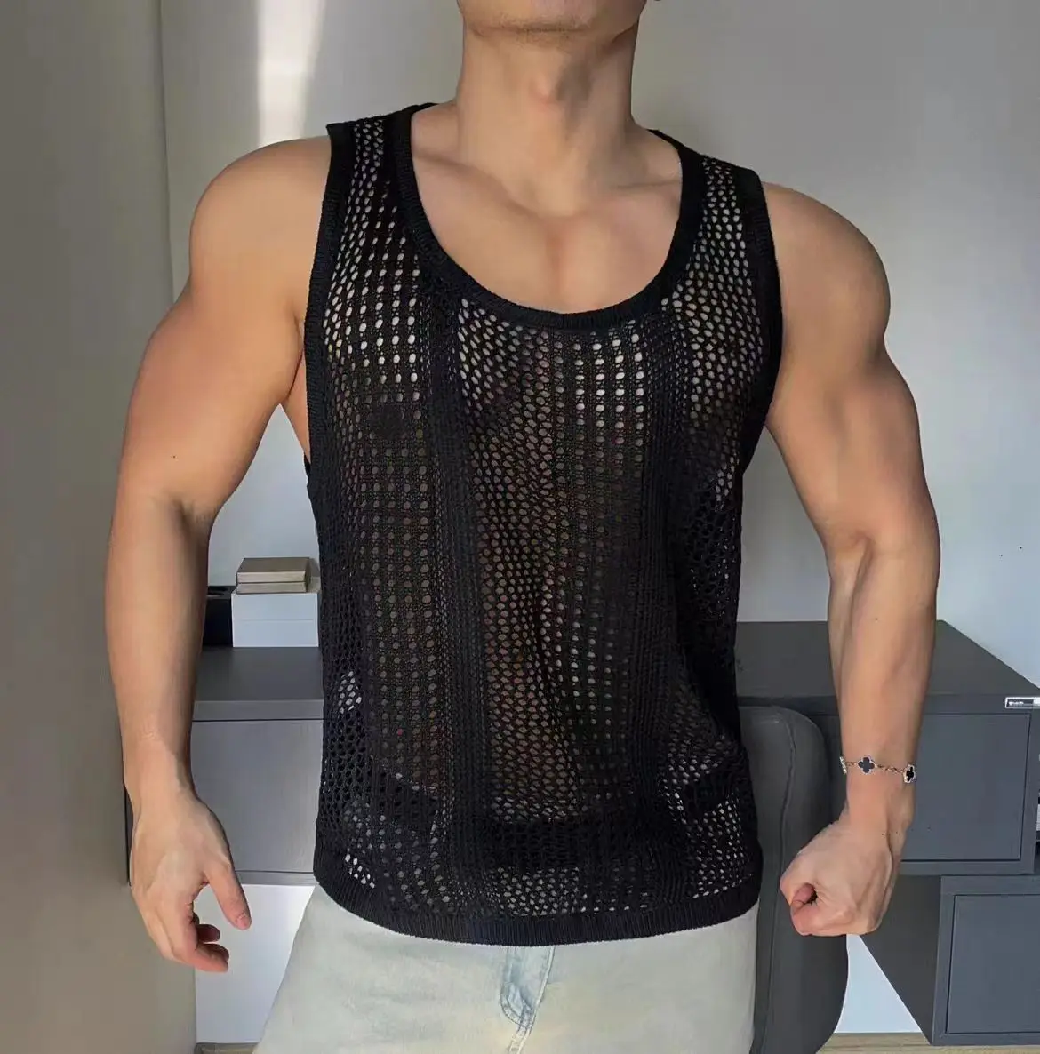 Bar Singer Dancer Performance Vest  Hollow Out Loose muscles Fitness Sexy Sleeveless Breathable Knit Cam shoulder