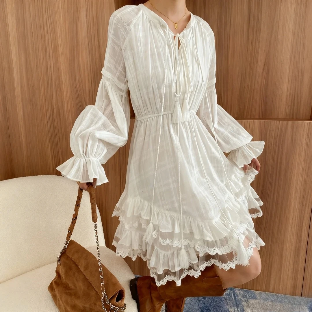 

White Mid Length Dress Women Dresses A Line Vestidos Y2k Streetwear Irregular Full Sleeve Elegant Party Night High Waist Beach