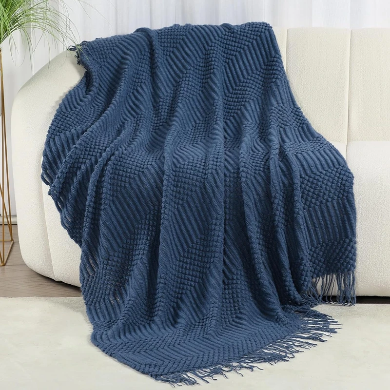 Inya Navy All Throw Blanket for Couch Sofa Bed Decorative Knitted Blanket with Tassels, Soft Lightweight Cozy Textured Blankets