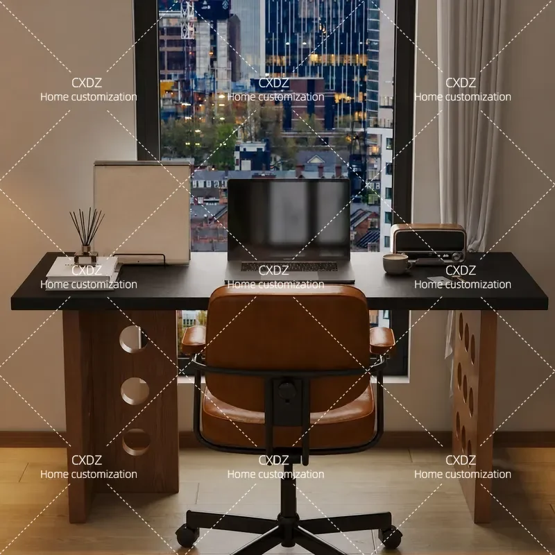 Pure Solid Wood Desk with Hole Legs Modern Computer Table Long Study Workbench for Small Apartment Window Side