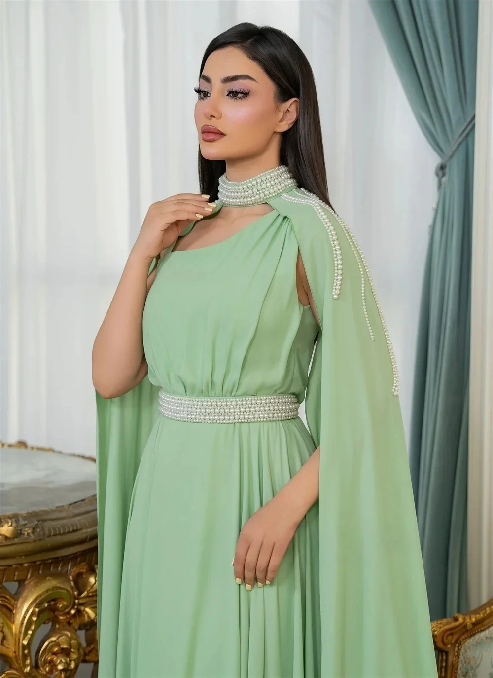 Robe de soirée longue en mousseline de soie verte, perles, sur mesure, Pastrol, Jersey unisexe, rétro, dubaï, saoudien, arabe, bal personnalisé