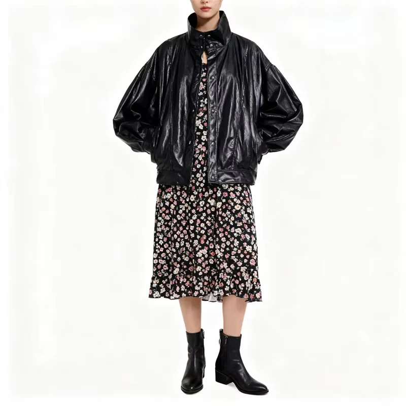   Giacca oversize da donna in ecopelle - Cappotto nero con colletto rialzato con trama in pelle retrò e design con cerniera