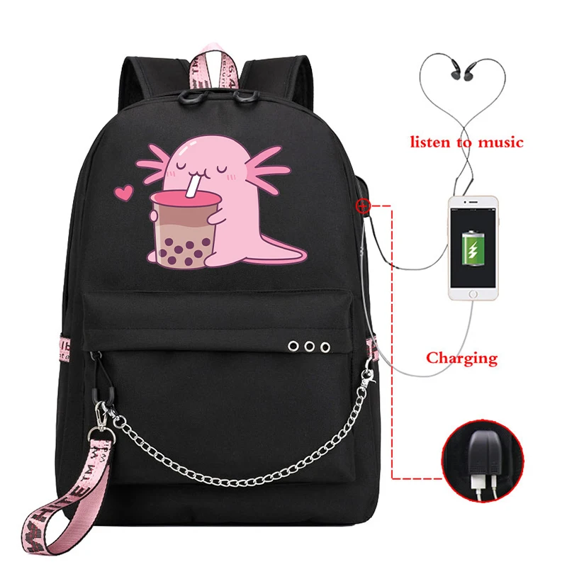 

School Bags for Teenagers Girls Schoolbag Chubby Axolotl Enjoys Bubble Tea Anime School Backpack Rucksack Bagpack Usb Book Bags