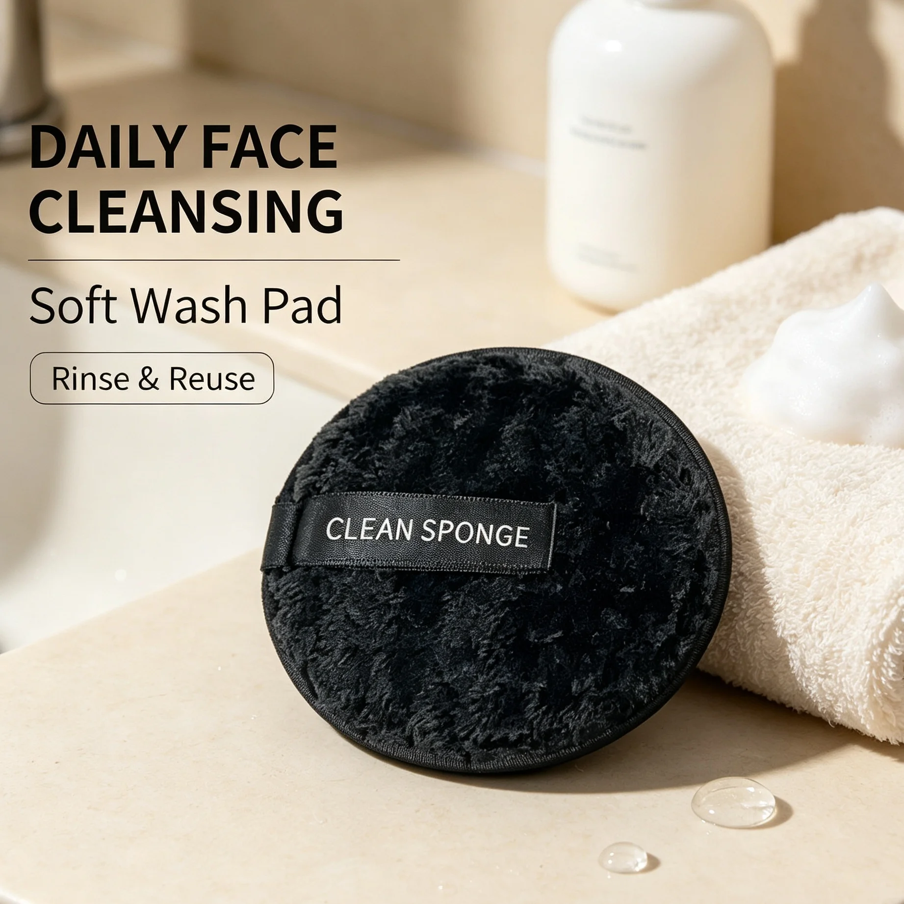 Circular makeup remover and cleansing sponge for gentle cleaning of the face.