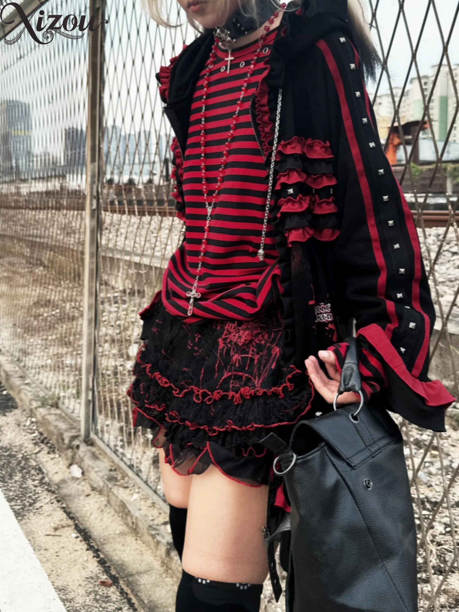 2025 اليابانية القوطية مقنعين سترة المرأة الخريف الشتاء أسود أحمر القط الأذن فضفاضة سستة طويلة الأكمام معطف خمر Y2k بلوزات #4