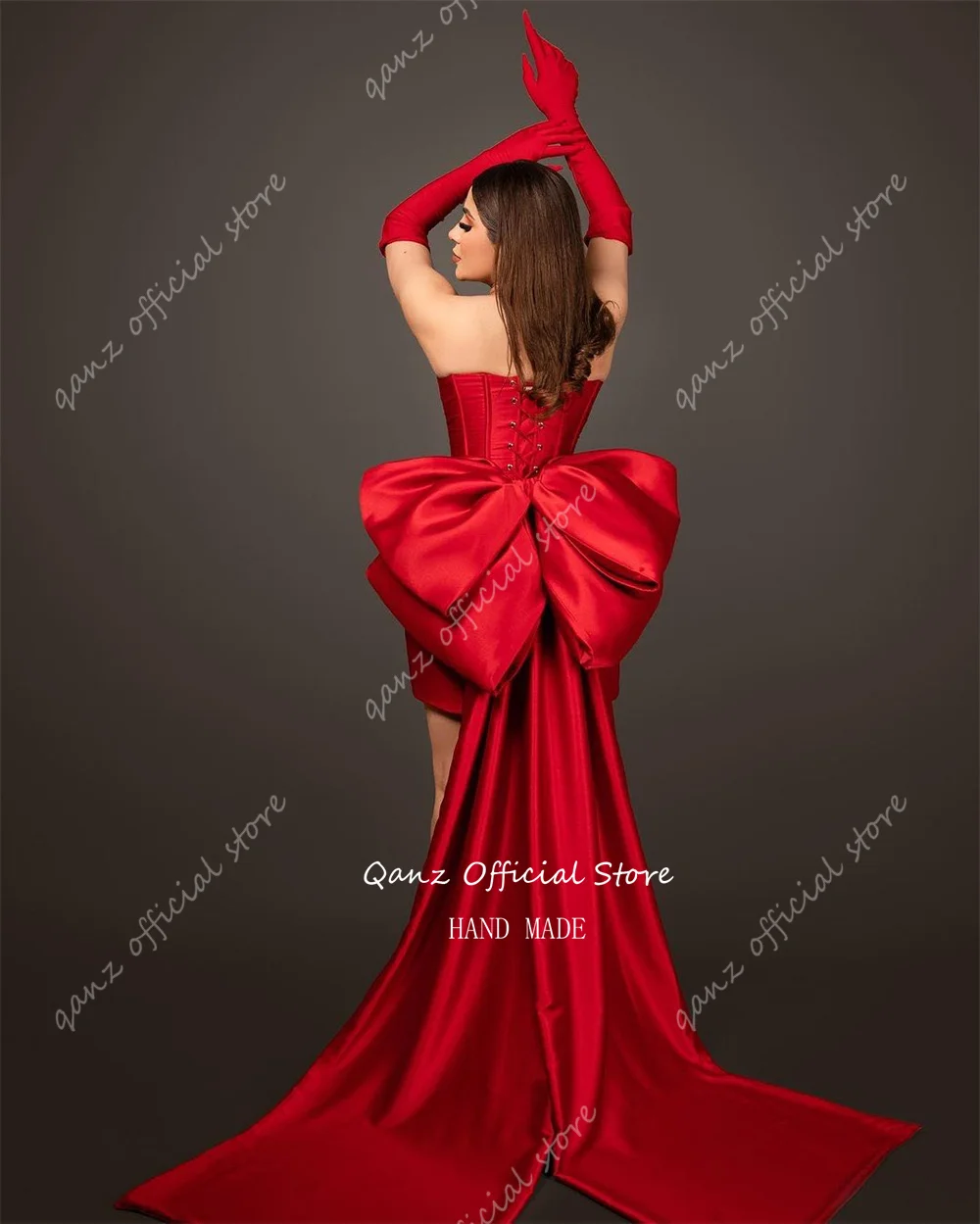 Qanz red sweetheart geburtstags outfits frauen satin kurze cocktail kleider rücken frei schnüren rücken bogen mezuniyet balo elbis eleri