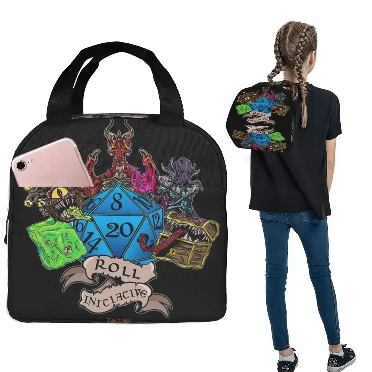 Roll Initiative Dungeon And Dragon Insulated Lunch Bag for Women Kids Portable Food Boxes Thermal Lunch Box Tote