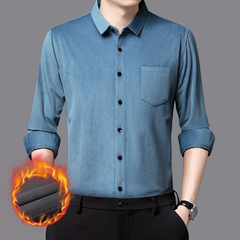 Men's Slim Fit Long Sleeve Corduroy Shirt Fleece Lined Business Casual Collar Spring Autumn Wear Slim Fit Corduroy Shirt