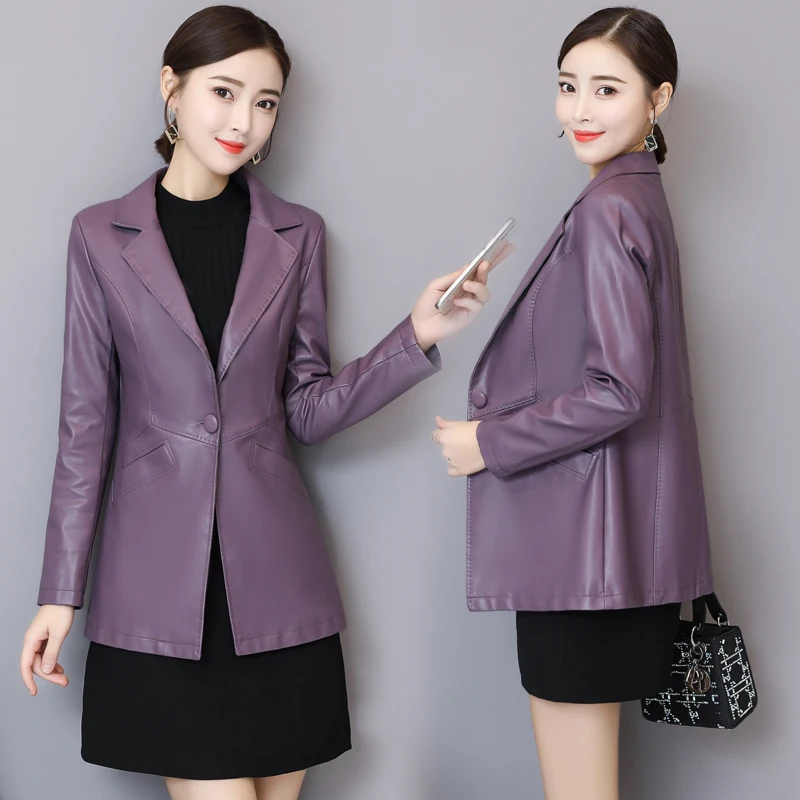 春秋の新作本物のシープスキンレザージャケット女性のミッドレングススリミング大きいサイズスーツアウター