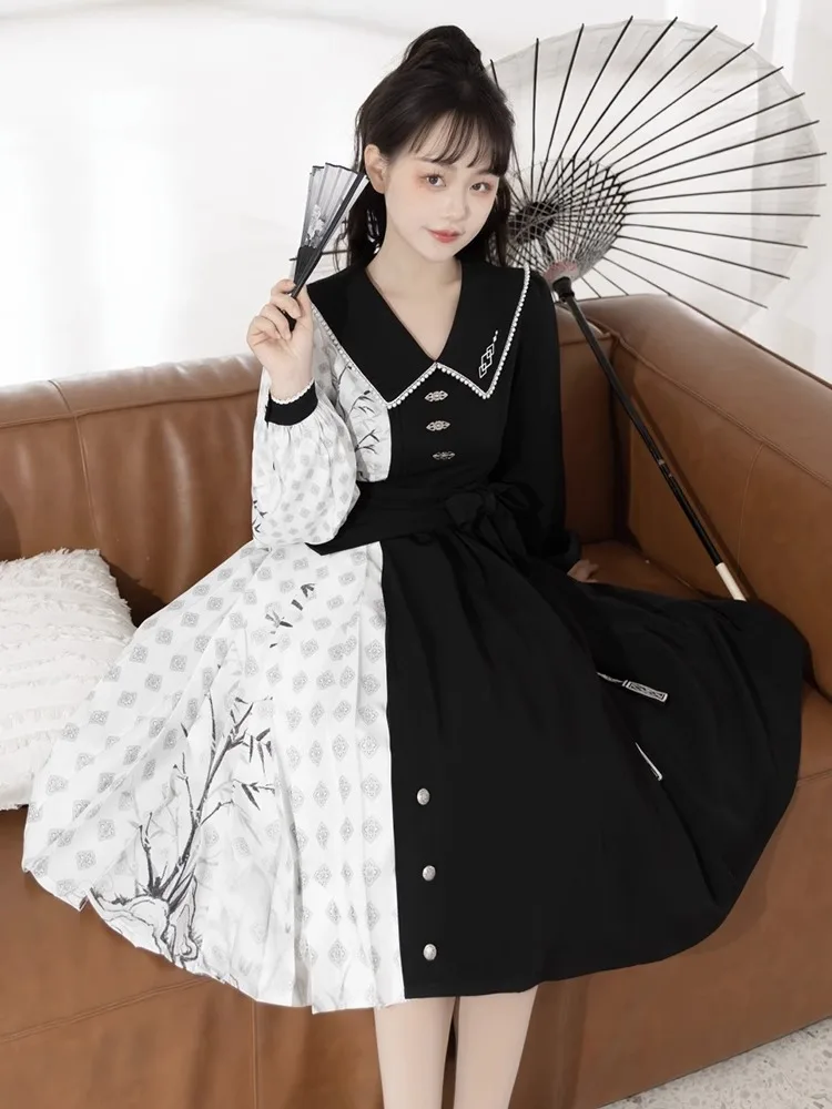 Lolita Original Hanfu Women's Improved Chinese Style Daily Commuting Han Elements New Chinese Vintage Bamboo Print Dress