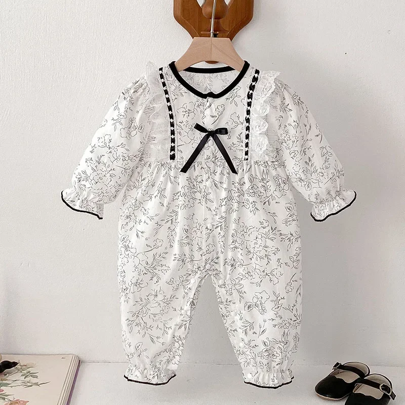 2025 New Spring Toddler Baby Girl Romper Long Sleeved Cotton Flower Print Newborn Baby Girl Jumpsuit 0-24M Children Clothes