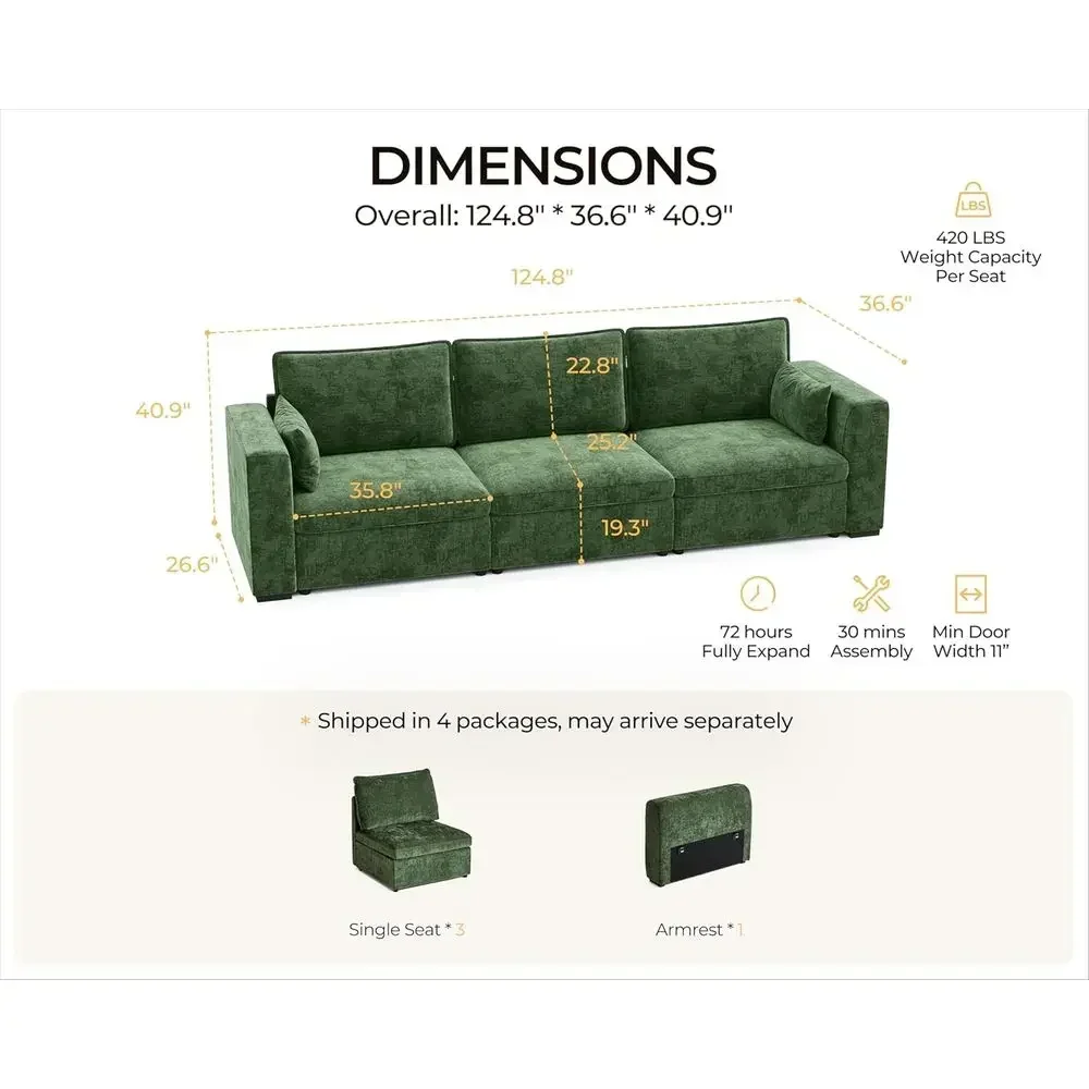 Oversized 3-Seater Chenille Green Sofa with Storage and Washable Covers for Living Room