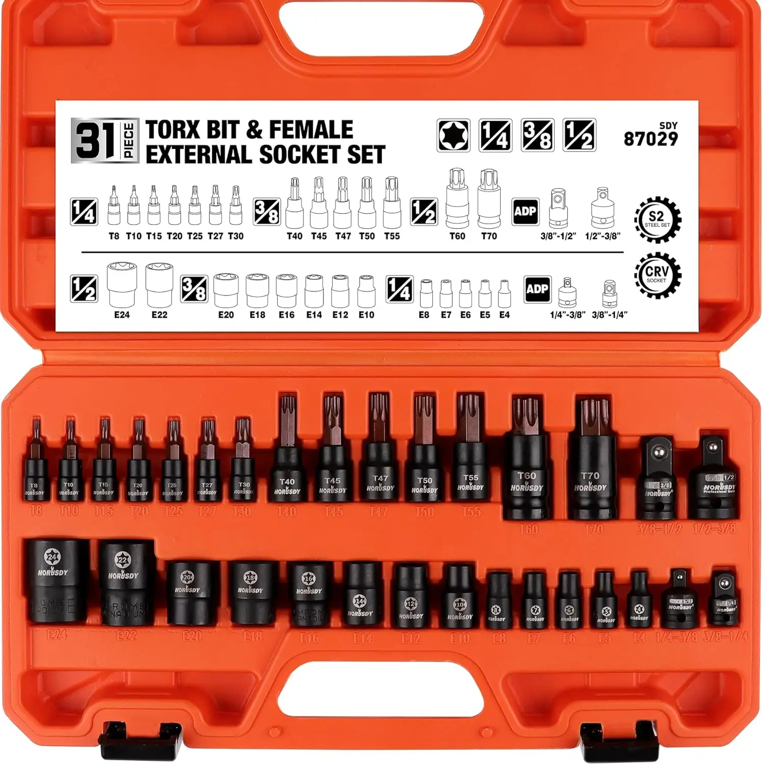

31Pcs Torx Bit Socket Set 14 Star Bits (T8-T70) and 12 Female E-Torx Sockets (E4-E24) 4 Impact Socket Adapter Set with High Torq