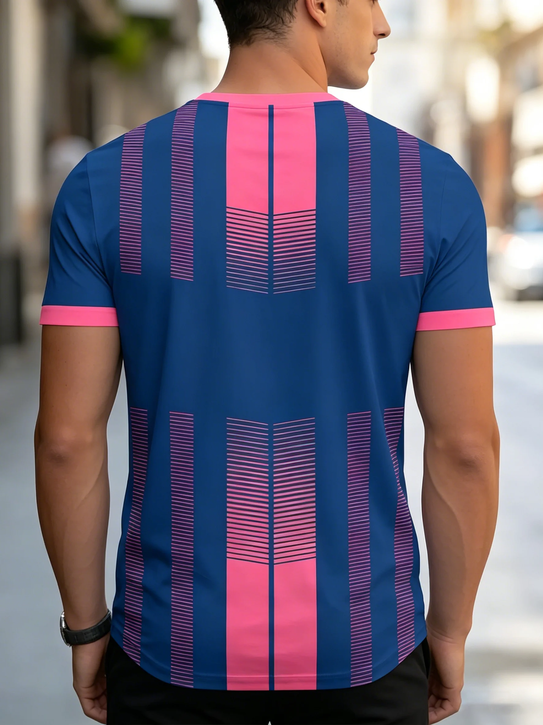 Men Mesh Sports T‑Shirt Geometric Vertical Stripe O‑Neck Short Sleeve Summer Slim Athletic Casual Top