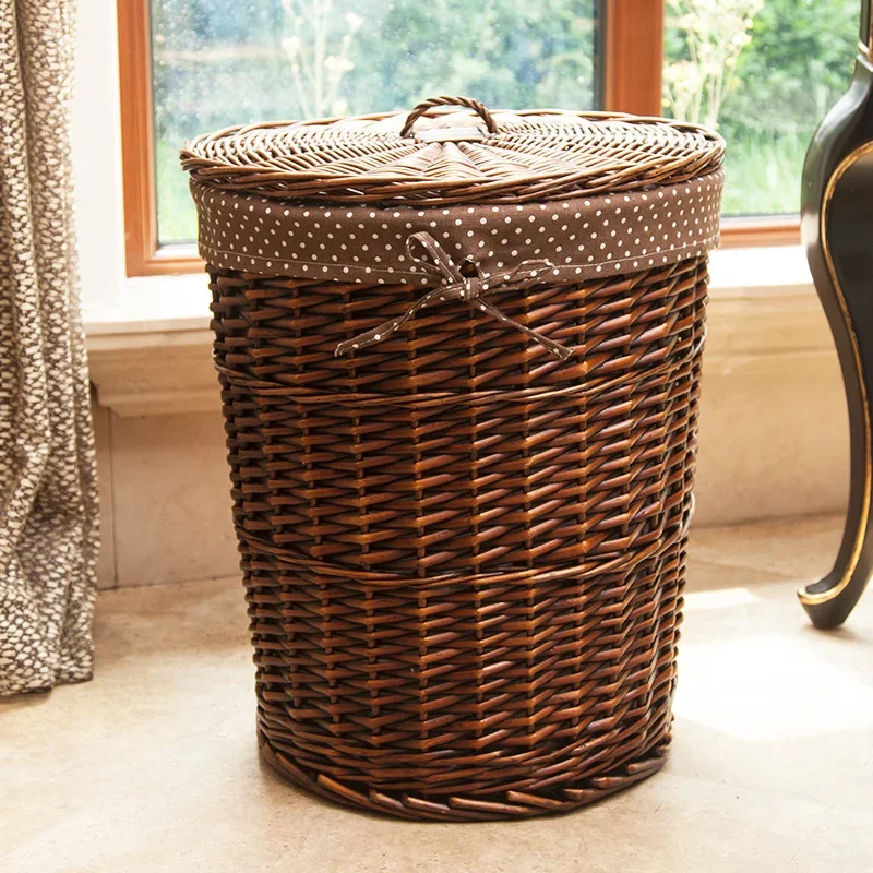 Rattan Wicker Laundry Basket Household round with Lid Storage Basket Laundry Baskets