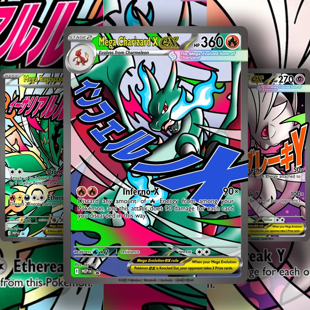 Cartas Raras PKM Mega Attack Rayquaza/Charizard X/Mewtwo Y ex, Cartas Personalizadas DIY para Coleção de Jogos de Cartas Anime