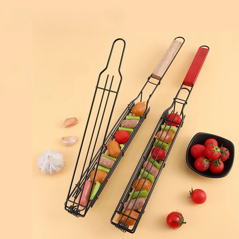 

Mini Barbecue Cage Outdoor Barbecue Rack Barbecue Net New Creative Non-stick BBQ Rack Stainless Steel Hot Dog Cage Wooden Handle