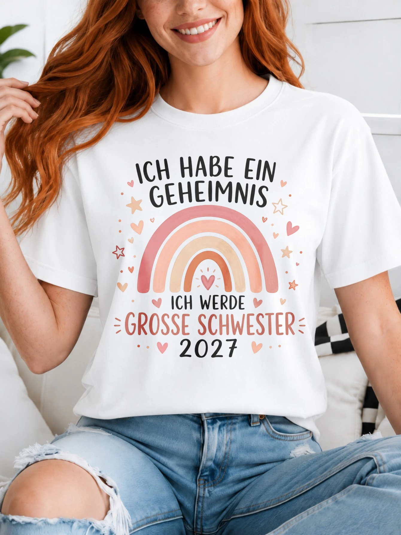 Ich Werde Grosse Schwester 2027 pastel rainbow secret announcet with hearts and soft sister reveal  Unisex All T-Shirt