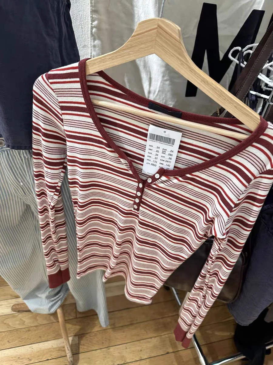 الأحمر مخطط كم طويل تي شيرت المرأة ستة أزرار مغرفة الرقبة القطن سليم تي شيرت الخريف نمط Preppy الحلو خمر تيز القمم #3