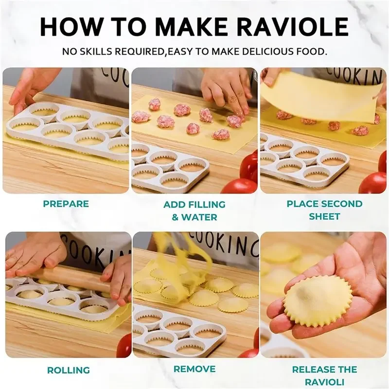 Ravioli Cutter Wheel& Rolling Pin Set Includes Ravioli Maker Press 8-Hole Round Mold And Empanada Maker