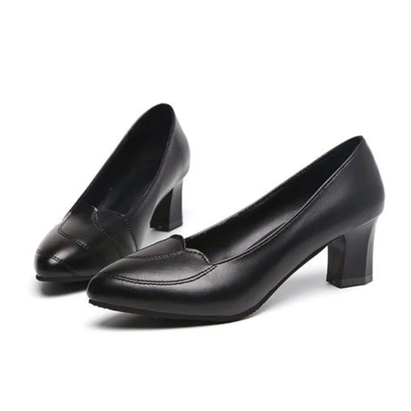 Women Classic Round Toe Black Patent Leather Slip on Square Heel Shoes for Office Lady Casual Hotel Work Pumps Zapatos Mujer A12