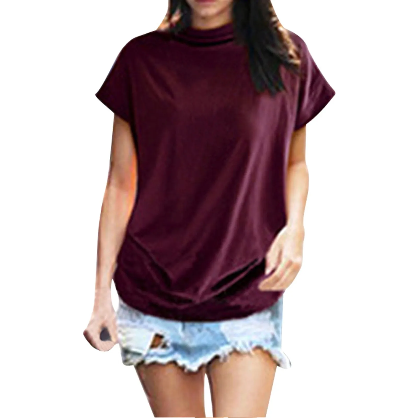 Half Turtleneck Doll Sleeve T-Shirt Solid Color Mock Neck Short Sleeve Sleeveless Turtleneck Tops for Women