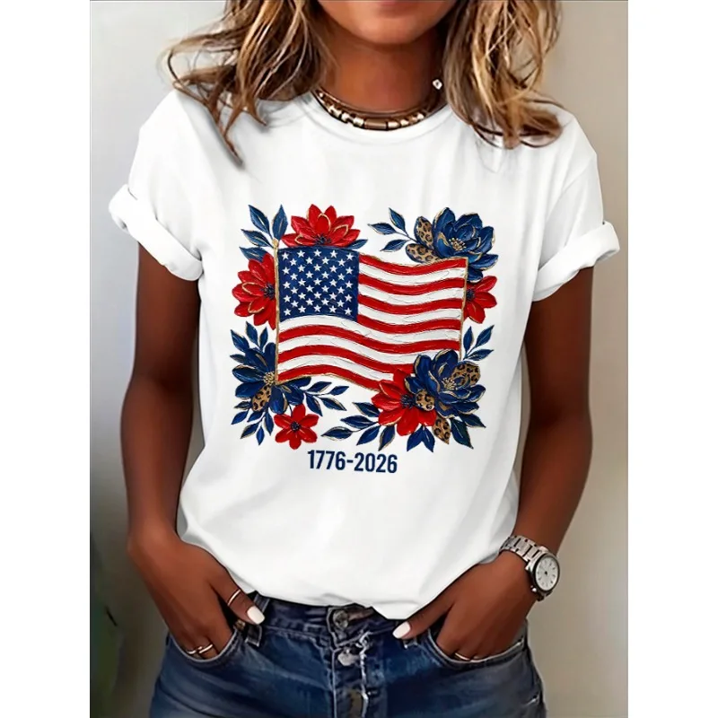 250 Years of Freedom 1776 Festival  Women's  Print T-Shirts Summer O Neck Tops Short Sleeve Casual Tees  Us Flag