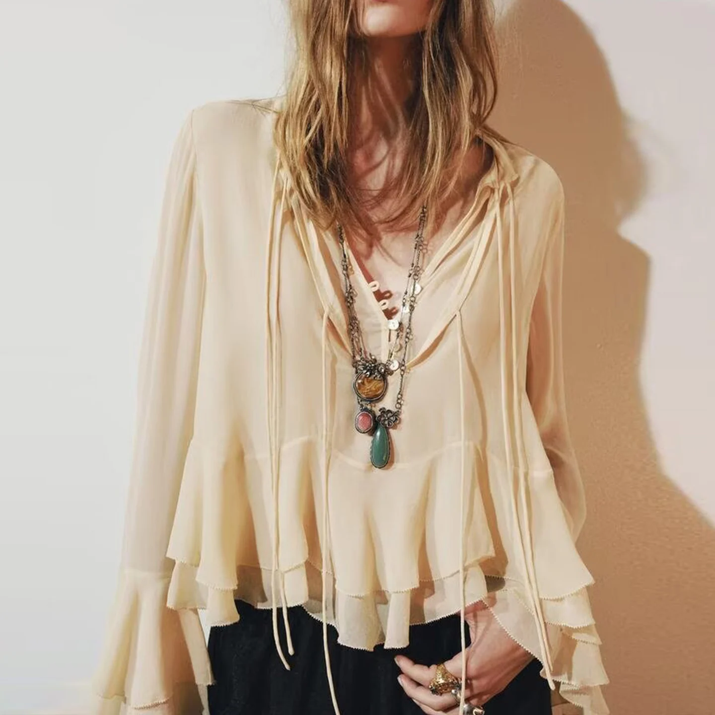 Z Women's irt 2025 New Sle Commute Sweet Loose Layered Decorative Simple Design Long Sve round Ne Button up