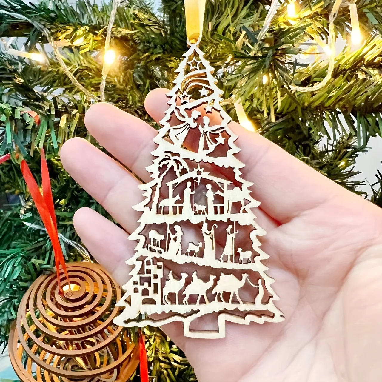 

Mini Christmas Tree Pendant Creative Hollowed Out Pattern Wooden Pendant Christmas Trees Wooden Pendant Christmas Decorations