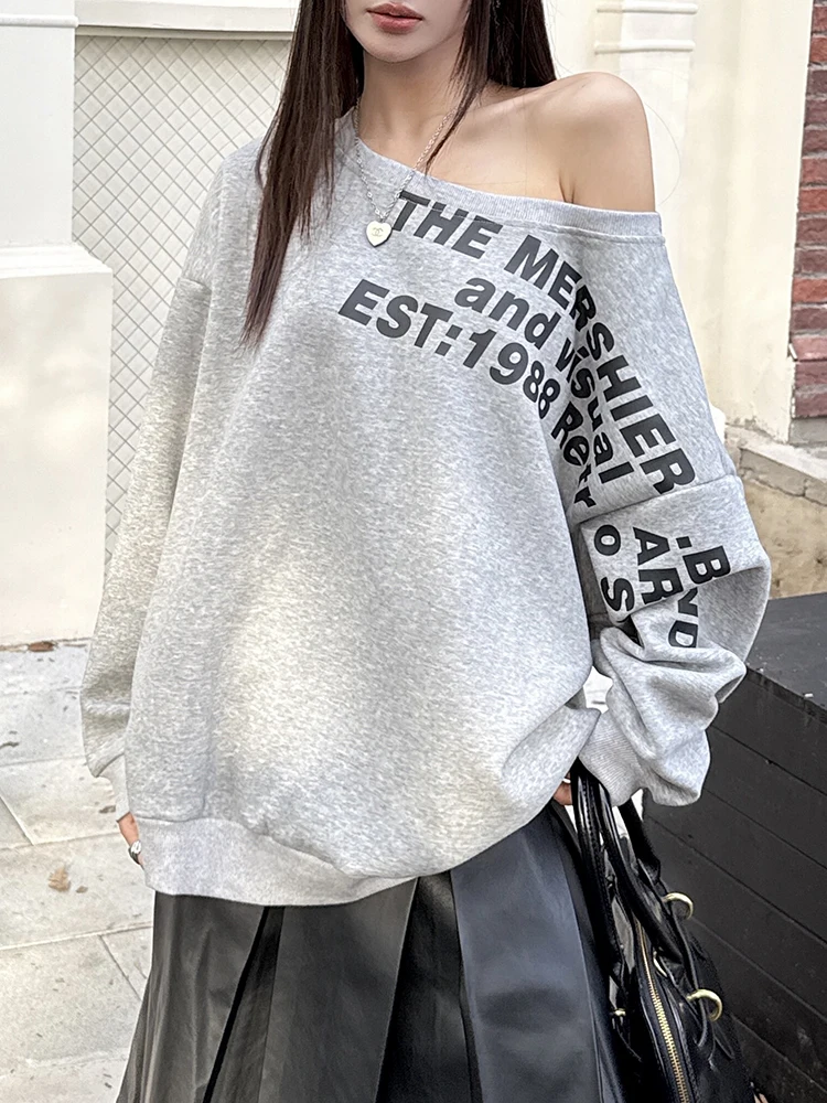 Fashion Loose Casual Sweatshirts Women Long Lantern Sleeve Letter Printed Pullovers Sexy Skew Collar Jumper 2024 Grey Sweatshirt