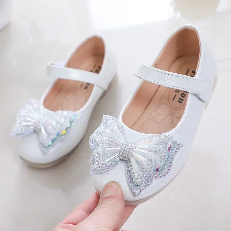 Girls Casual Shoes Princess Baby Sequin Bow Flat Shoes Fashion Children\'s Performance Leather Shoes 2023 Spring Summer New H155