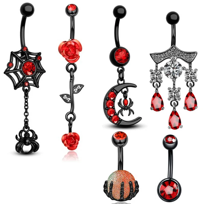 

Guemcal 1 Pc Stylish New Retro Punk Style Electroplated Black Rose Spider Pendant Piercing Navel Ring