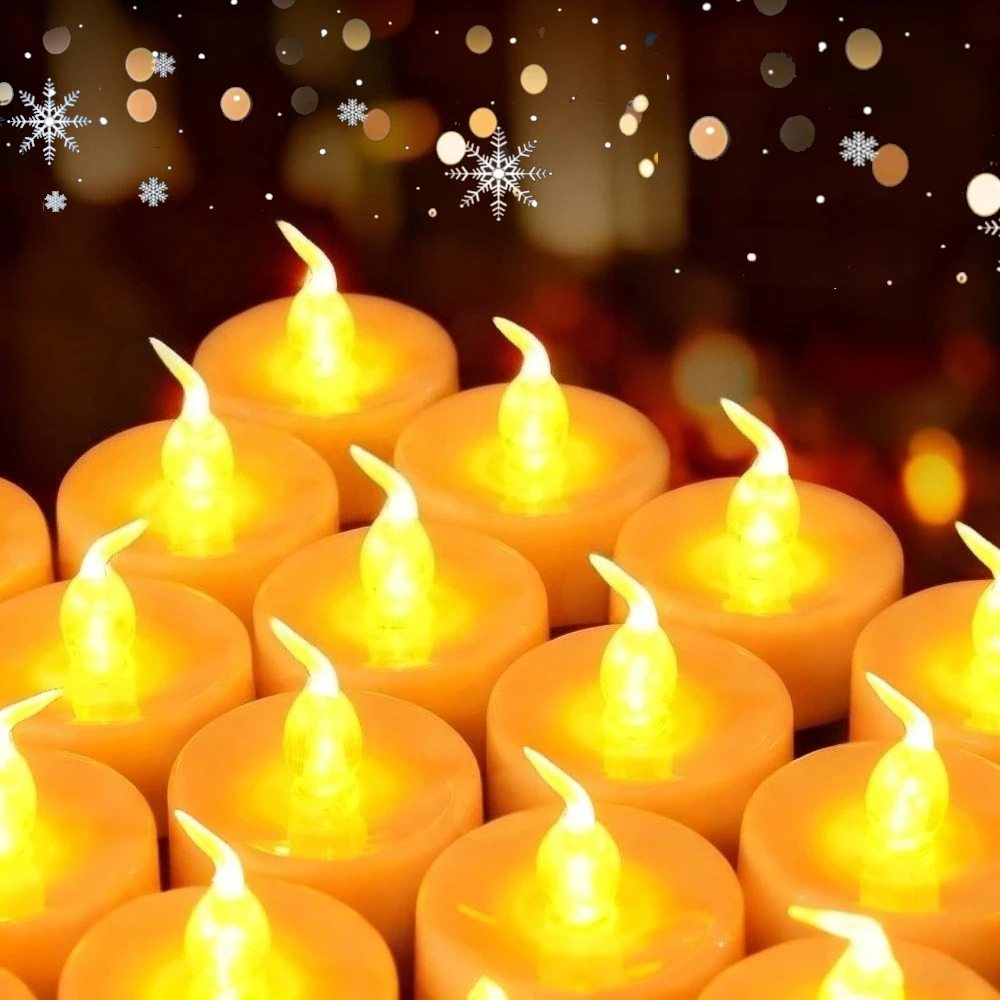 شموع عديمة اللهب لأضواء الشاي 12/24 حزمة شموع وامضة دافئة تعمل بالبطارية باللون الأصفر مثالية لتزيين المنزل وحفلات الزفاف