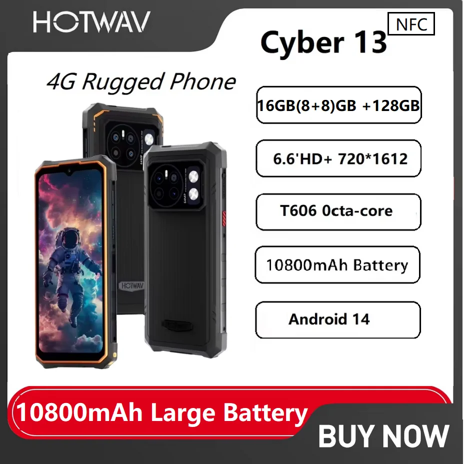 HOTWAV Cyber 13 Rugged Smartphone Android 14,150LM Flashlight 8GB 128GB ,6.6'' HD+ 10800mAh 64MP Cellphone Mobile Phones celular